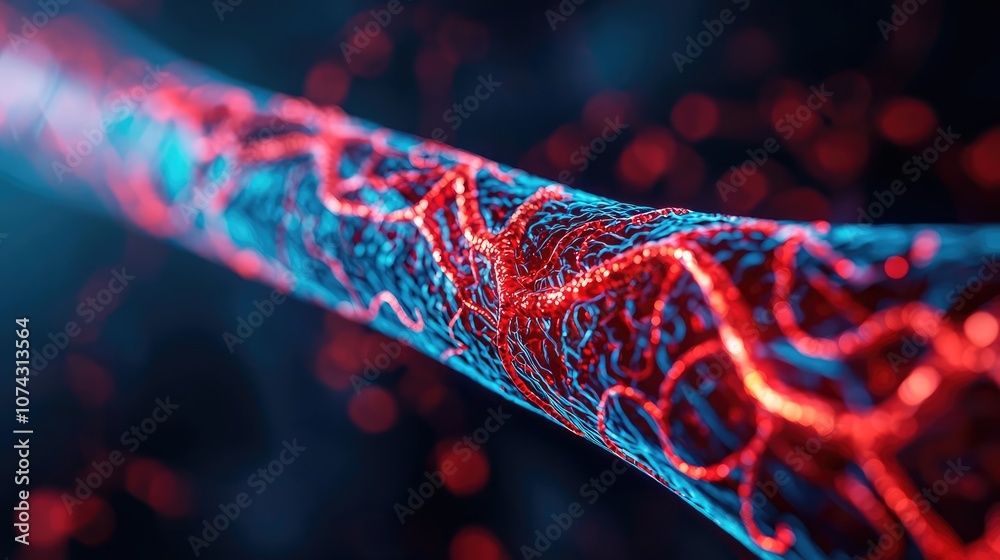 Poster abstract representation of a dna strand with glowing red and blue elements.