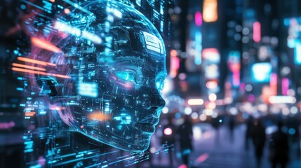 Obraz premium Digital Face in a Cityscape