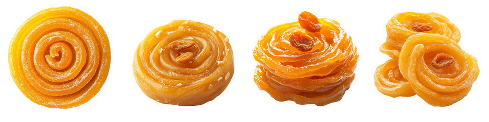 Fototapeta premium Set of jalebi, a traditional Indian sweet, isolated on a transparent background.