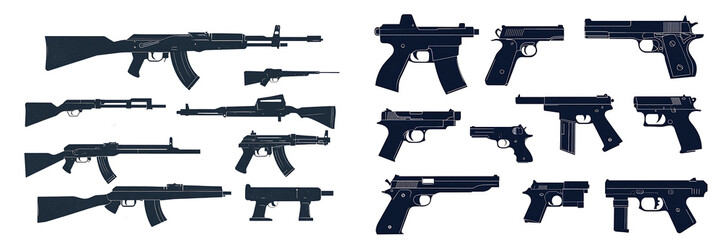 Set of a collection of different black gun silhouettes, isolated on a transparent background.