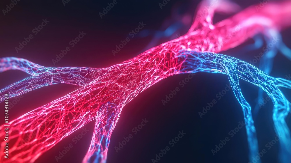 Poster abstract representation of neural connections in vibrant red and blue colors.