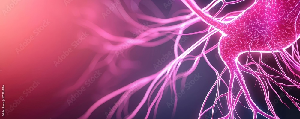 Poster Abstract neural network structure with glowing pink nodes on a dark background.