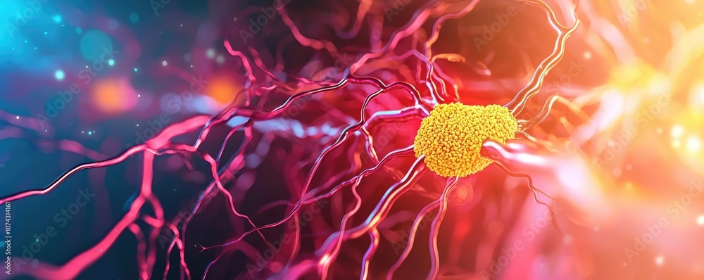 Poster Neurons and synapses in vibrant colors, abstract representation of neural connections.