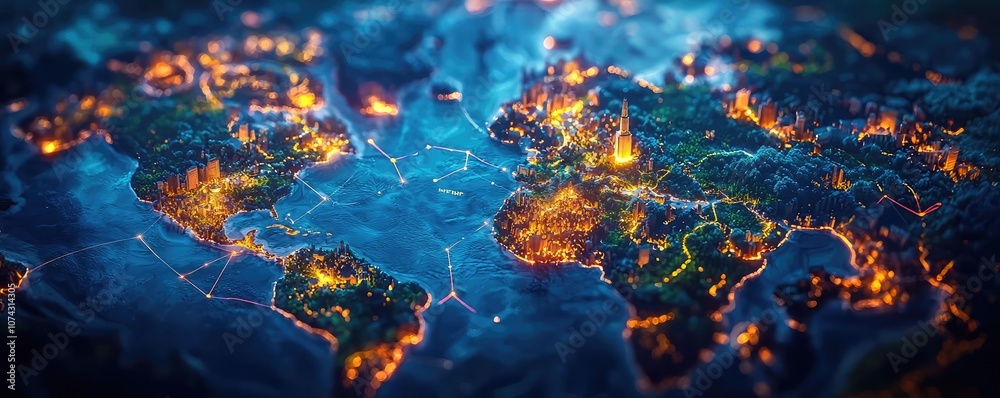 Poster Digital map of the world with intricate networks and glowing elements on a blue background.