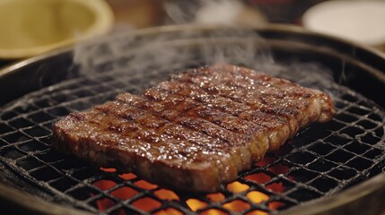 Juicy grilled steak on hot grill with smoke and flames, savory aroma rising.