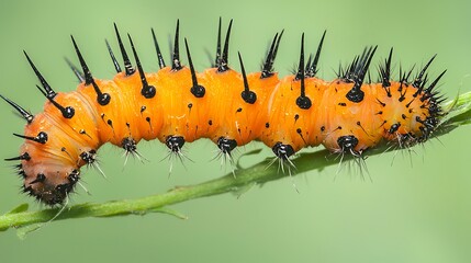 Orange and Black Spiky Caterpillar on Green Leaf Close Up