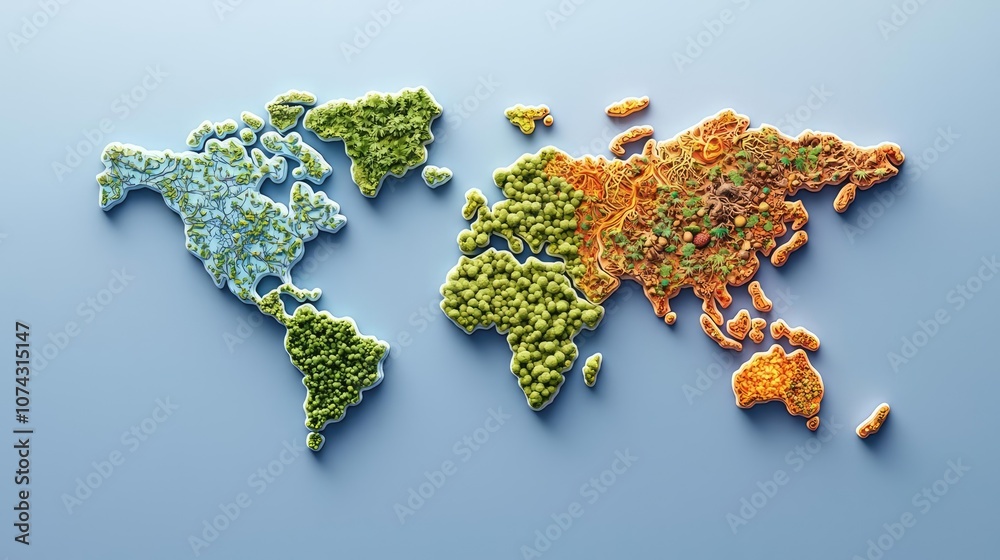 Poster Colorful world map representation made with natural elements on a soft background.