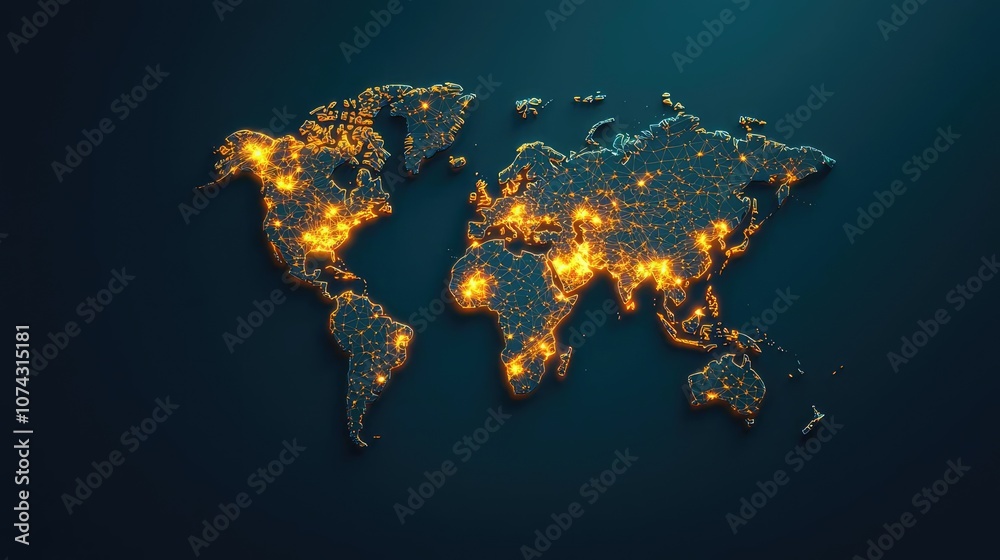 Poster Illuminated world map on dark background, showcasing global connectivity and data.