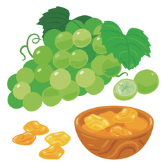 ぶどうの実と木製ボウルに入ったゴールデンレーズンセット