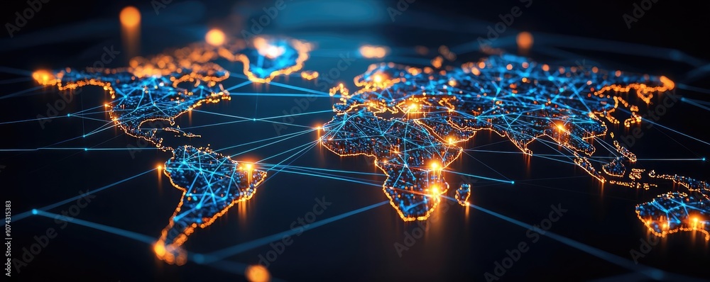 Aufkleber abstract world map made of glowing lines and dots on a dark background