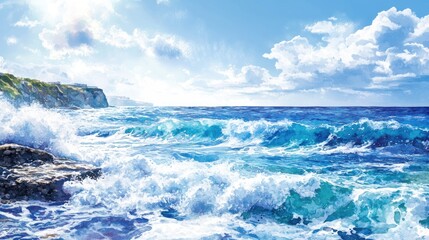 Fototapeta premium Watercolor depiction of ocean waves blue sky and coastline