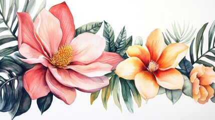 Obraz premium Watercolor floral arrangements featuring magnolia and tropical foliage on a white backdrop