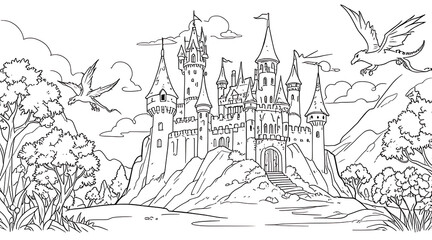 Naklejka premium “Fantasy Castle with Dragons Coloring Page” – Simple Line Art of a Fairy Tale Castle and Flying Dragons for Children’s Coloring on a White Background