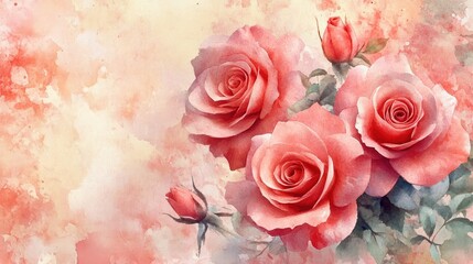 Obraz premium Watercolor greeting card featuring roses suitable for invitations to weddings birthdays and other celebrations complemented by a summer themed background Floral watercolor illustration with a hand