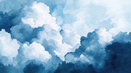 Fototapeta premium Watercolor illustration of clouds in the sky featuring puffy formations in shades of blue white and dark tones