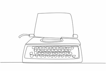 Continuous one line drawing typewriter with paper inside. Vintage equipment. Technology with a distinctive sound on the buttons. National Screenwriters Day. Single line draw design vector illustration