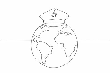 Continuous one line drawing police hat on globe. Guarding border. Monitoring taxable goods coming in and out. Income for country. International Customs Day. Single line draw design vector illustration