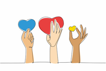 Obraz premium Continuous one line drawing some hands holding heart symbol. Get some compliments. Socialize well. Symbol of interest. Praise. National Screenwriters Day. Single line draw design vector illustration