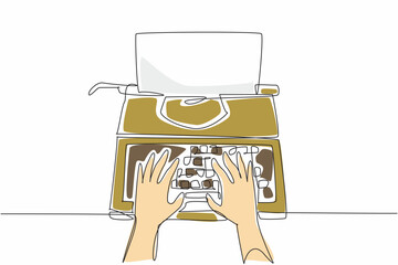 Single continuous line drawing hands typing on a typewriter. Making a movie script. Making a scenario. Making an interesting storyline. National Screenwriters Day. One line design vector illustration