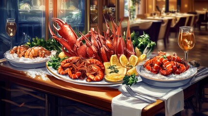 Luxurious Seafood Platter on Buffet Table in Hotel Restaurant