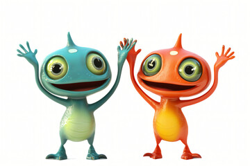 Fototapeta premium Happy cartoon little alien monster with zombie eyes, smiling toad character in 3D, surrounded by fun creatures like aliens, bugs, and a dragon, showing love and nature in a cute, colorful illustration