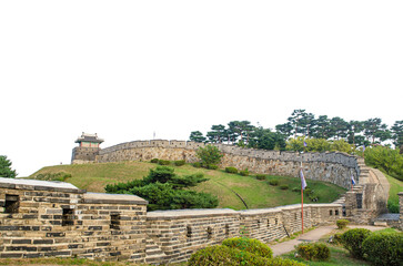 Suwon Hwaseong Fortress is a fortress wall during the Joseon Dynasty isolate on white background with clipping path.