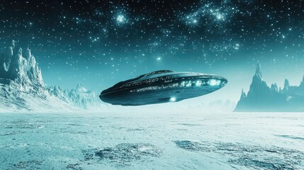 Obraz premium Sleek spaceship descending onto a snowy alien planet, vast icy plains under starry sky, sci-fi adventure in cold terrain