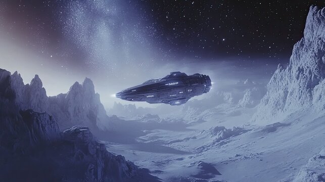 Sleek spaceship descending onto a snowy alien planet, vast icy plains under starry sky, sci-fi adventure in cold terrain
