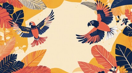 Bright ethnic frame with exotic birds in mid-flight, surrounded by abstract leaf shapes and geometric motifs, ideal for a greeting card or decorative border.