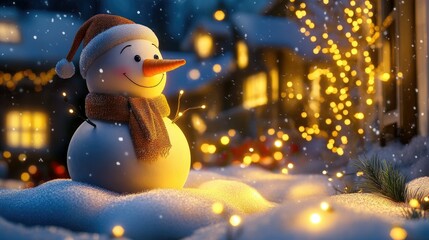 Snowman figurine with a carrot nose and scarf, nestled in glowing lights and sparkling snow for a festive holiday mood
