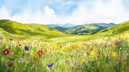 Fototapeta premium Bright and vibrant watercolor depiction of a spring meadow filled with wildflowers and gently undulating hills in the background