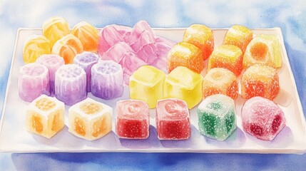 Colorful watercolor illustration of konpeitou a traditional sugar candy arranged on a tray