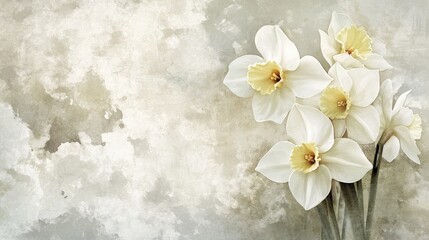 Watercolor illustration featuring Narcissus blooms against a textured background