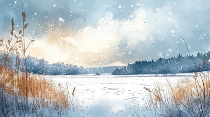 Fototapeta premium Digital watercolor artwork depicting a view of snowy fields in a northern region