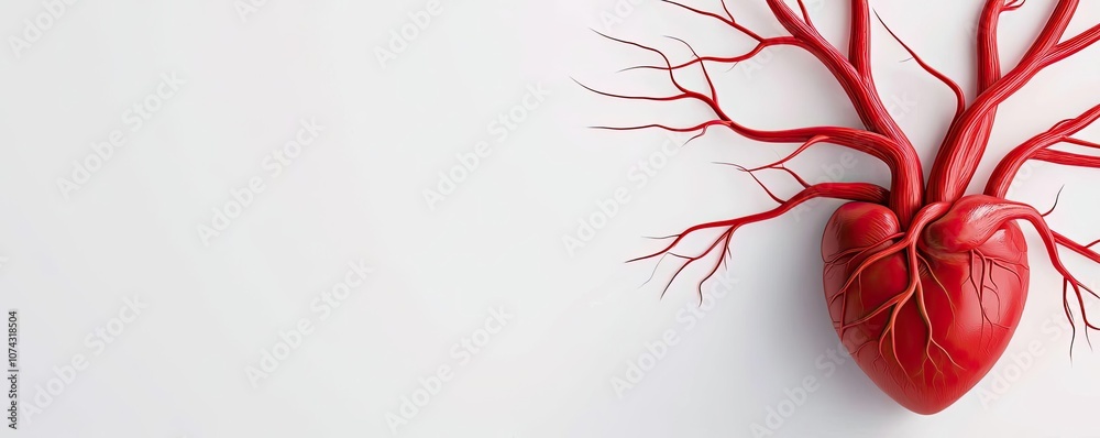 Poster red anatomical heart model on white isolate background.