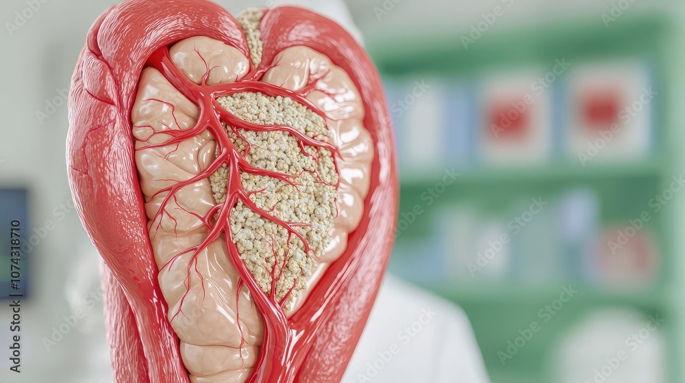 Poster detailed anatomical heart model displaying vascular structure, white isolate background.