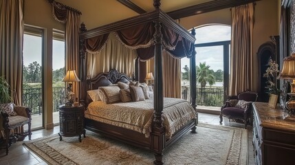 Fototapeta premium Traditional luxury bedroom with four-poster bed, classic decor, and rich textures 