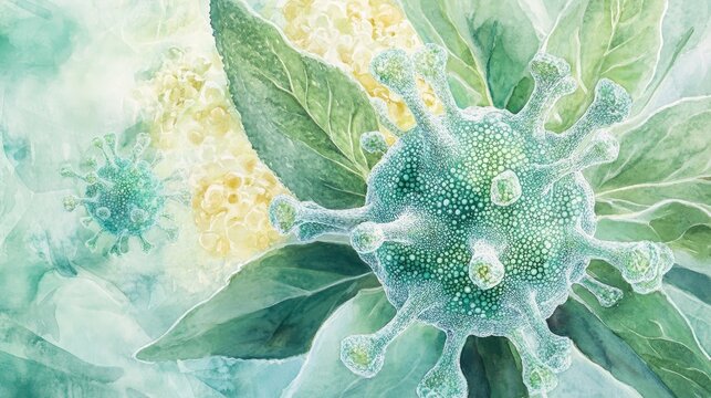 Watercolor illustration of fresh sage and mint depicting cancer DNA and jade cells through electron microscopy 3D representation of a virus highlighting neon immunity human leukocyte antigen cance