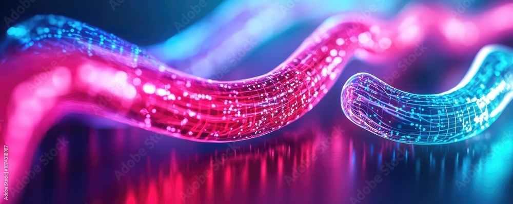 Poster abstract glowing wires in vibrant colors on a reflective surface.