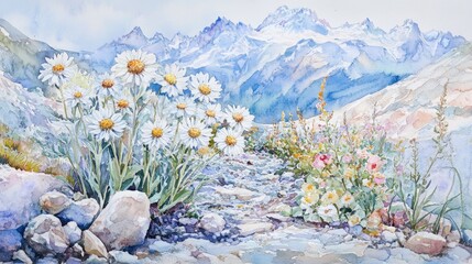 Obraz premium Watercolor depiction of edelweiss flowers in a mountain garden