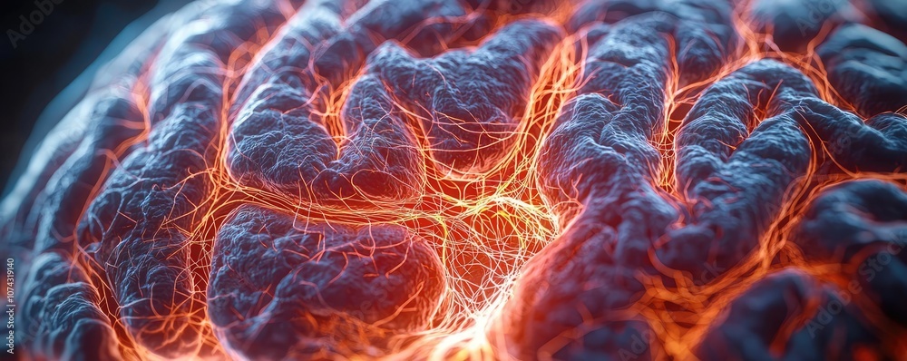 Aufkleber Detailed close-up of a brain with glowing neural pathways on a dark background.