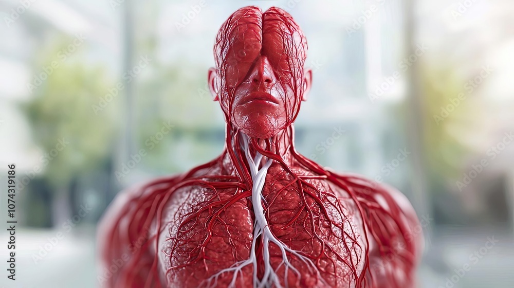 Poster 3d rendering of a human circulatory system, detailed and anatomical with a blurred background.