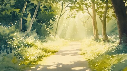 Fototapeta premium Watercolor artwork depicting a picturesque summer forest scene featuring a scenic rural pathway