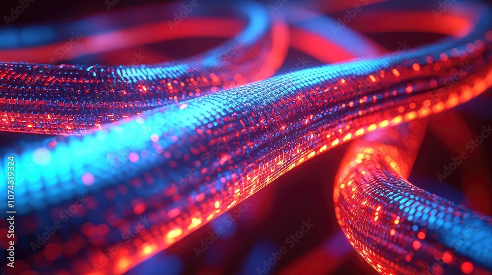 Poster abstract colorful digital circuit background, glowing wires in red and blue.