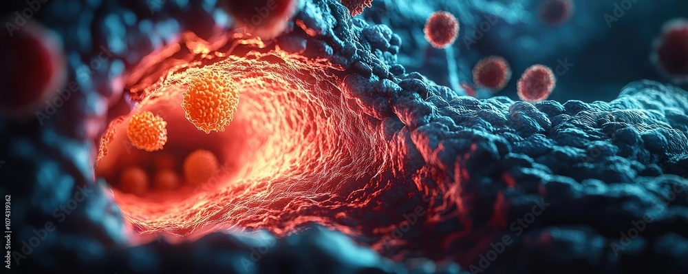 Poster microscopic view of a cell with vibrant colors and textures, isolated background.