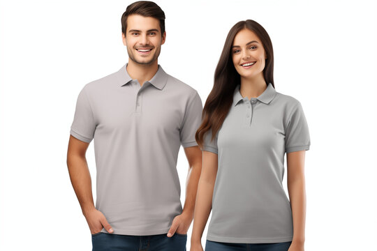 Young woman in grey polo shirt mockup isolated on white background with clipping path 