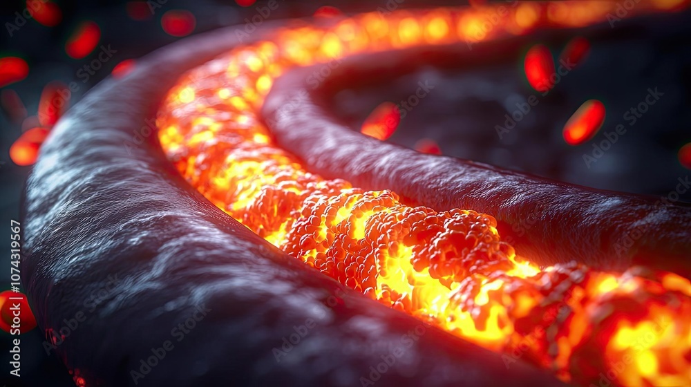 Poster Lava flowing with glowing embers on a dark surface, dynamic natural formation.