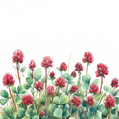 Watercolor Whimsical Red Clover Field Illustration