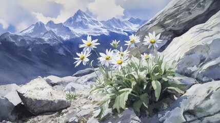 Watercolor depiction of edelweiss flowers in a mountain garden