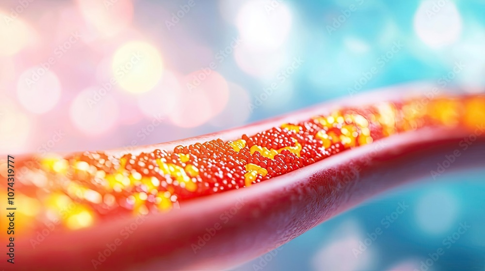 Poster close-up of a vibrant, flowing substance with colorful bokeh background.